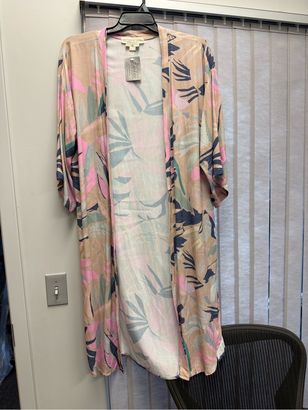 saltwater LUXE Beige Kimono Cover-Up with Pink and Navy Tropical Print